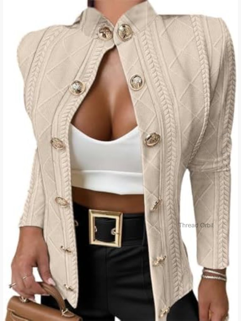 Large Lightweight Cropped Cardigan Stand Collar Metal Button Casual Jacket